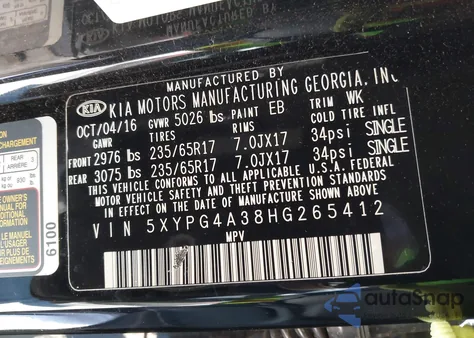 2017 Kia Sorento 2.4L Lx z USA, uszkodzony, nr VIN 5XYPG4A38HG265412